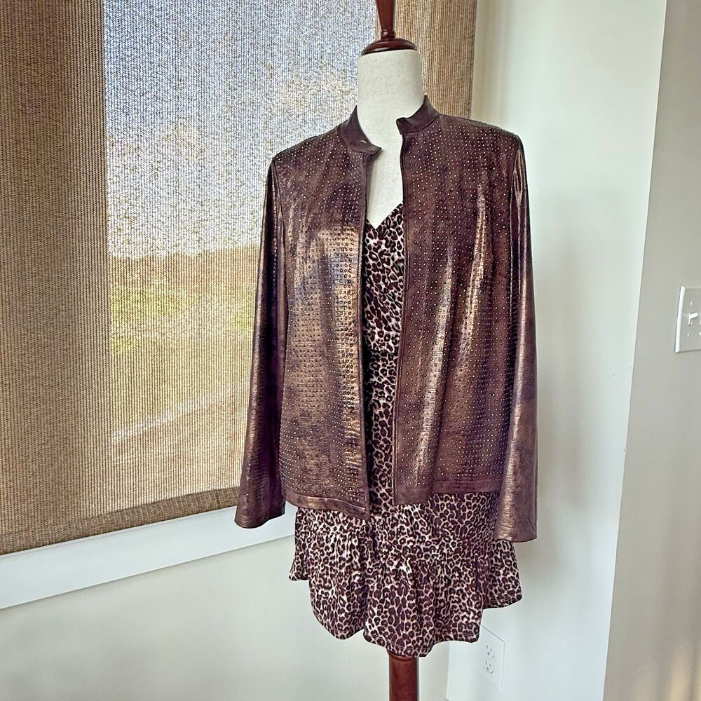 Chico's‎ Women's Size 1 Bronze Faux Snake Print Stud Open Cardigan Blazer Jacket